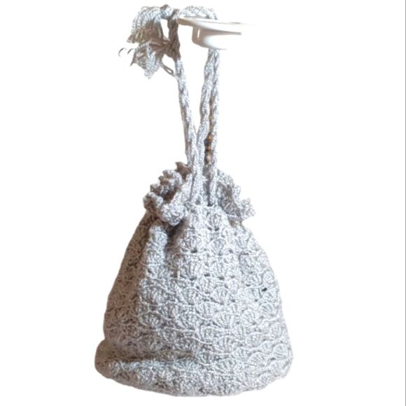 Handbags - Sparkling Grey Silver Knit Drawstring Mini Dumpling Bag